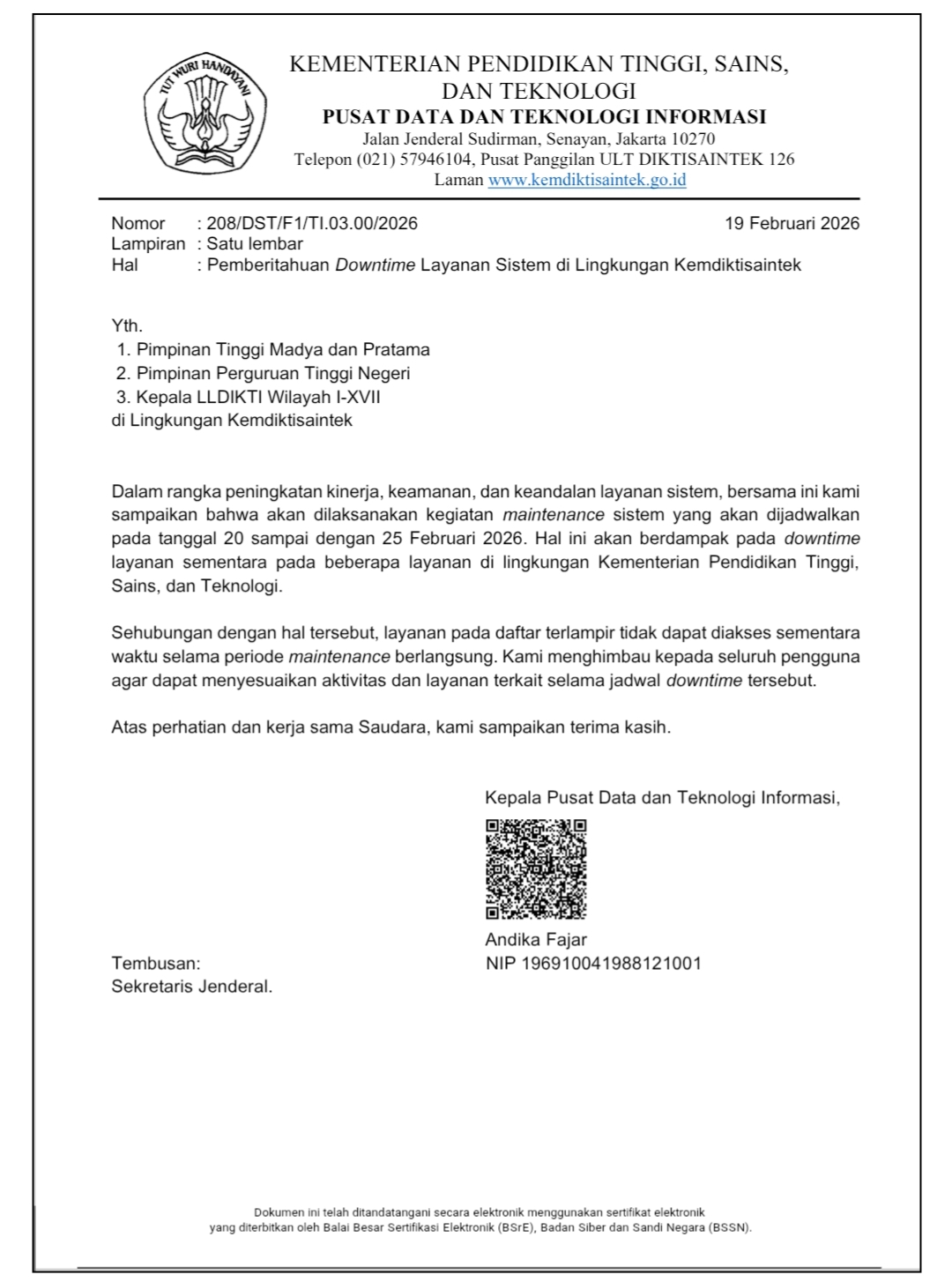 Pemberitahuan Downtime Layanan Sistem di Lingkungan Kemdiktisaintek